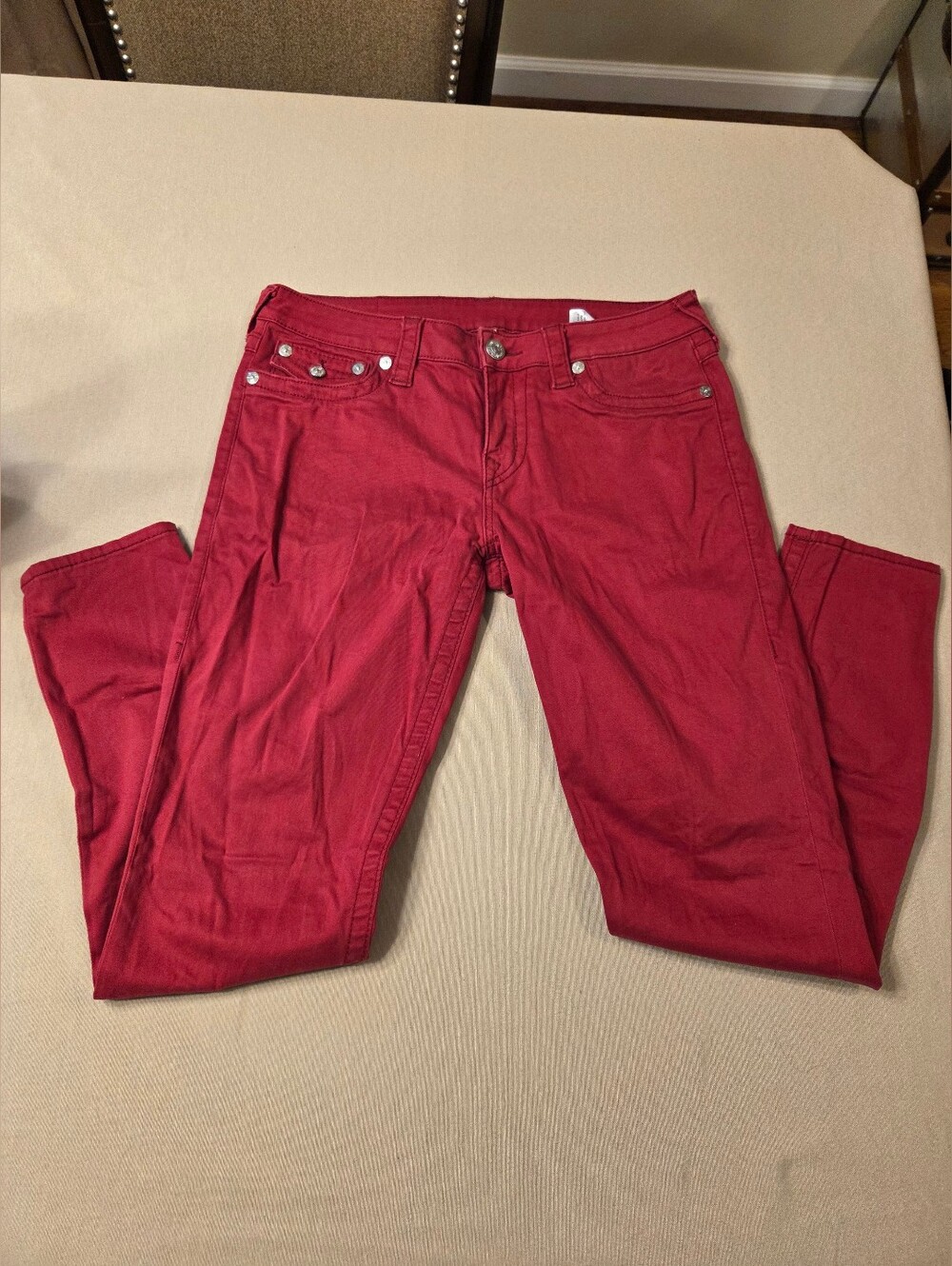 True Religion Cherry Red Rhinestone Skinny Jeans sz 31